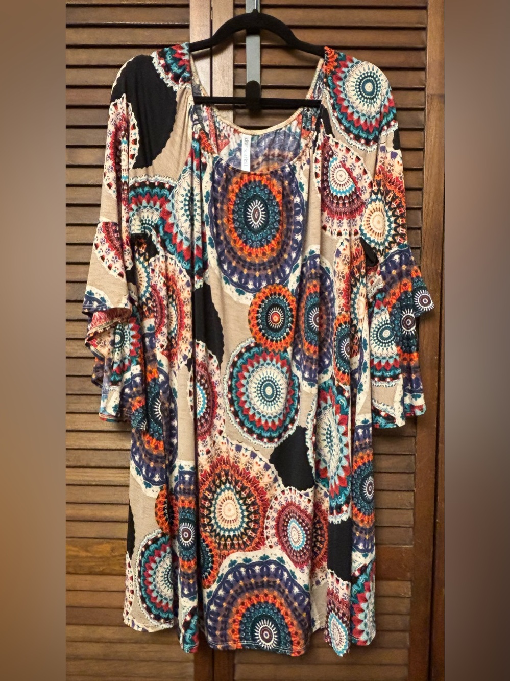 NEW Dear Scarlett Beige Multicolor Mandala-Medallion Dress with Bell Sleeves